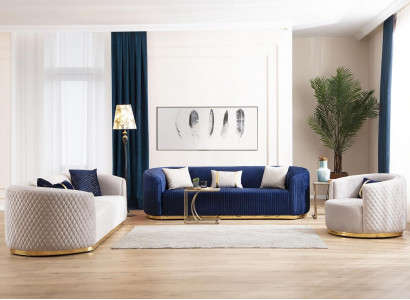 Sofa set three-seater armchair stainless steel furniture fabric seat blue 3+3+1